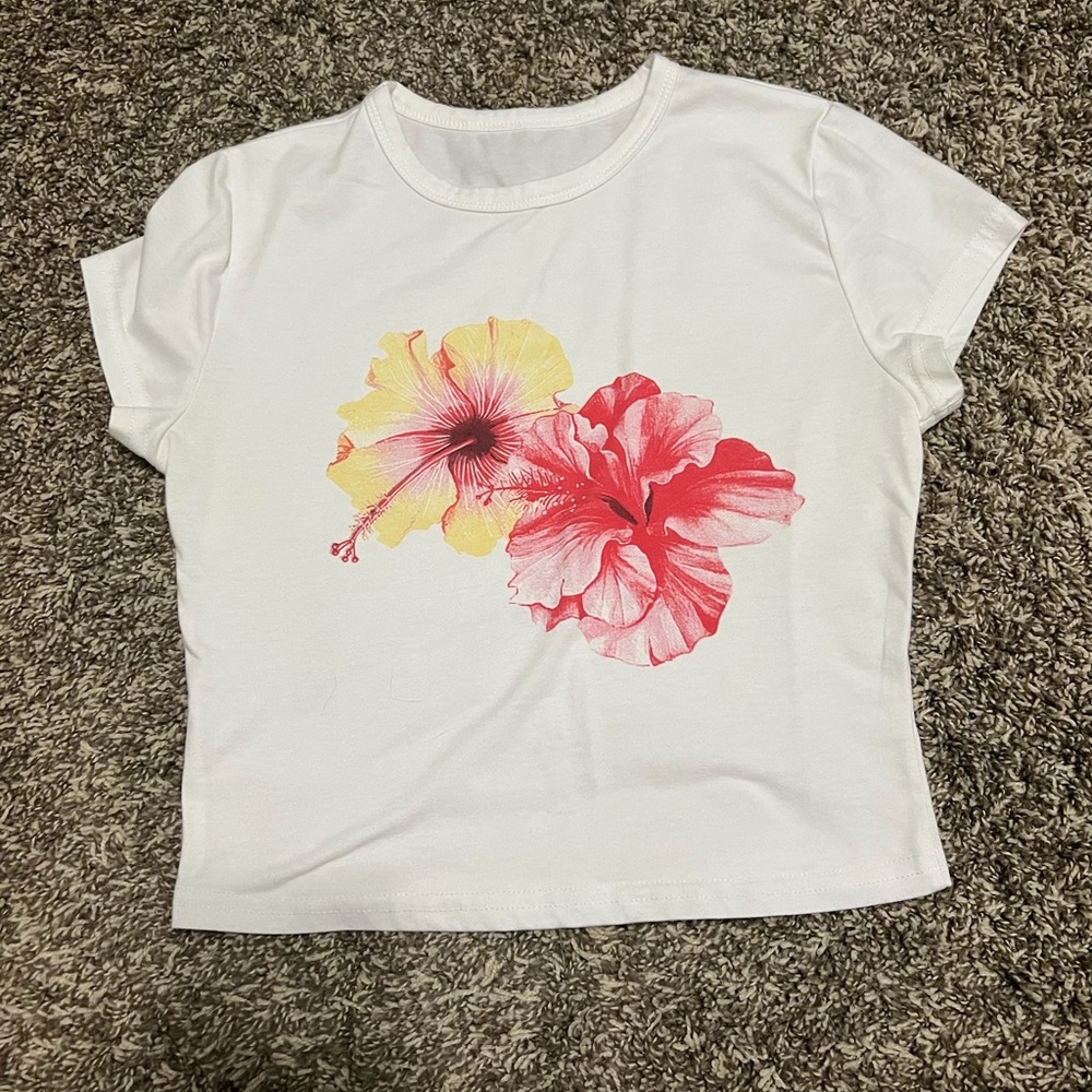 White Floral Graphic Tee with Pink & Yellow Hibiscus